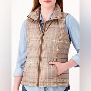 Lands End down puffer vest brown plaid large petite (14-16).